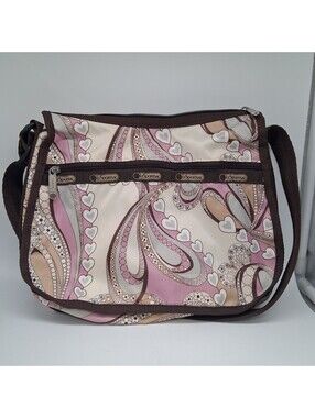 LeSportsac Quinn Crossbody Bag Love Is In The Air Paisley Hearts Pink Brown
